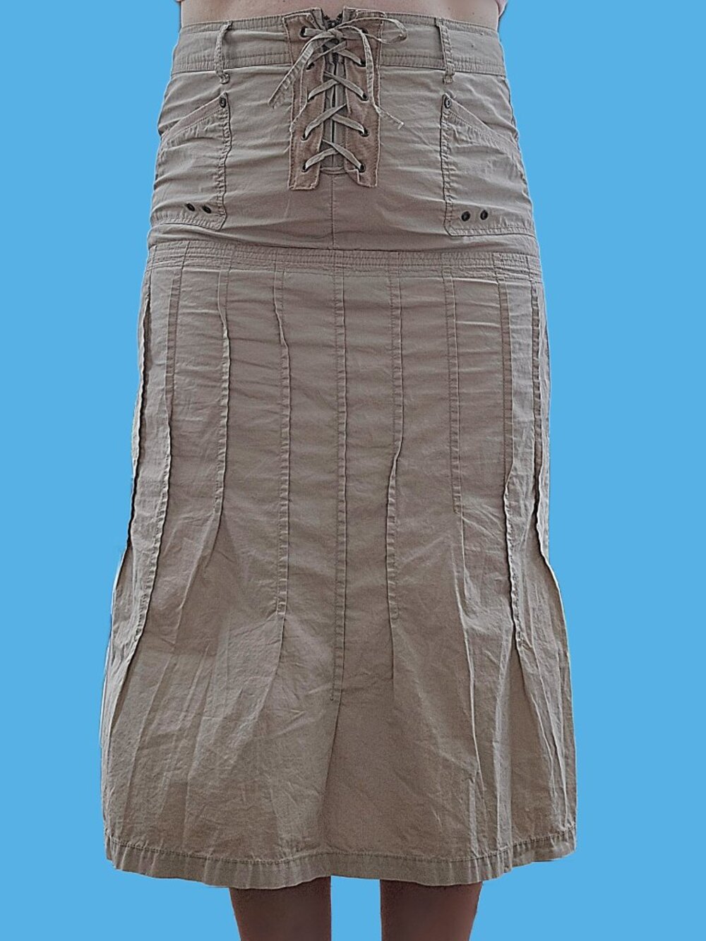 Vintage 90s Y2K Cargo Midi Skirt Corset Lace Up Front Size L Beige Grunge Rave